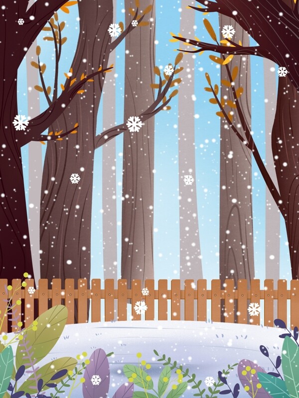 清新冬季树林下雪背景设计