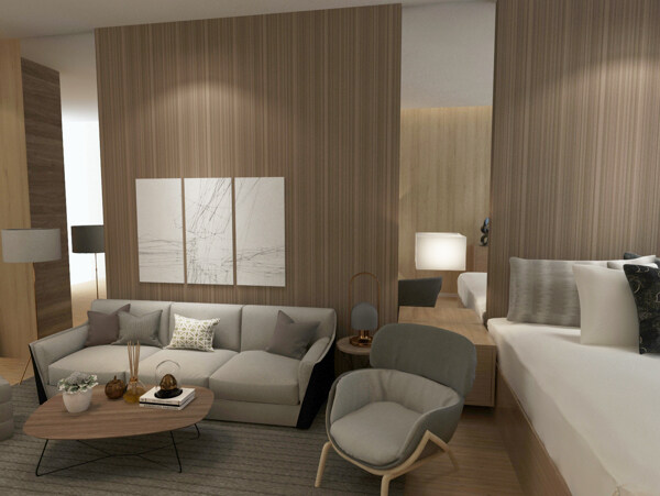 现代简约木色卧室一居室装饰装修效果图