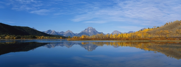 群山山峰平静湖面