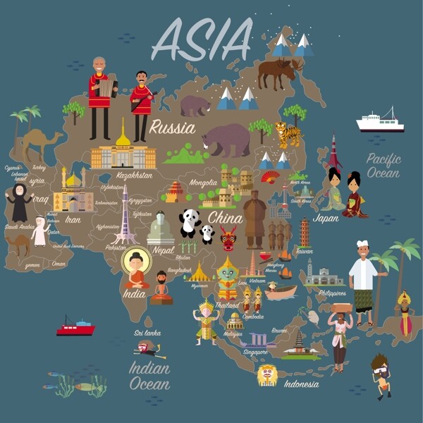 卡通亚洲旅游地图海报矢量素材下载