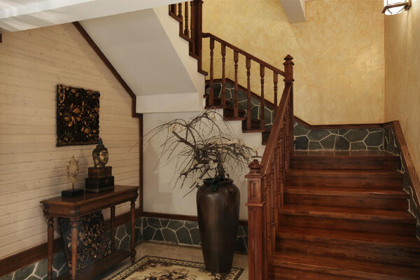 中式时尚客厅木制楼梯室内装修效果图