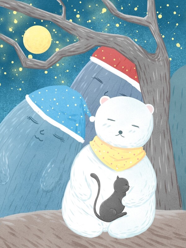 心语心情晚安你好插画山中熟睡的熊和猫
