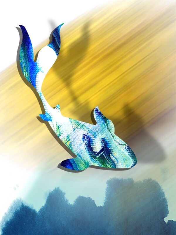 现代蓝色抽象大鱼客厅装饰画