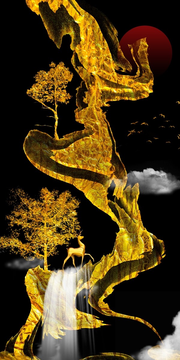 抽象烁金麋鹿艺术金山银水装饰画图片