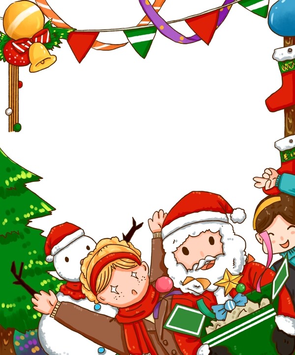 圣诞节红色喜庆边框圣诞老人和孩子们免抠元素