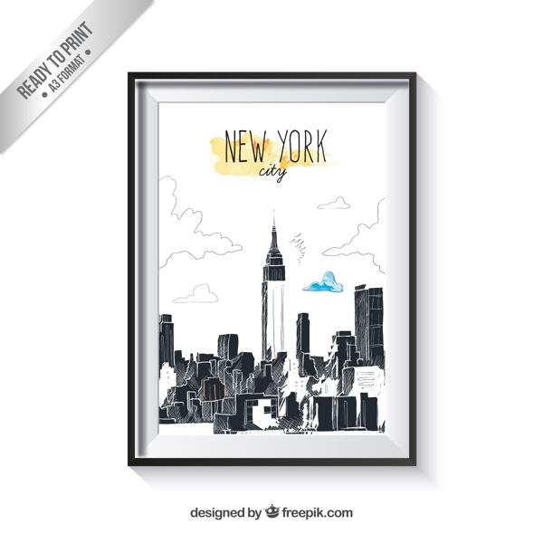 创意手绘纽约城市建筑群矢量图
