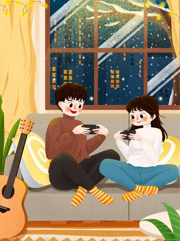 情侣冬季日常坐沙发上玩手机情侣插画