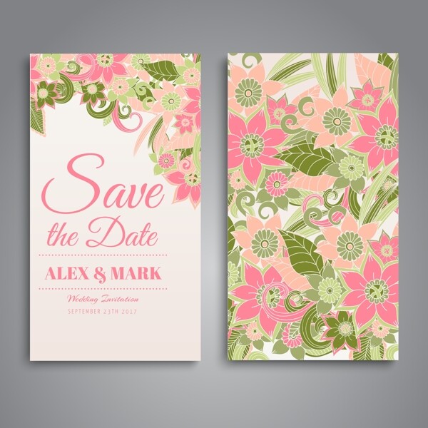 粉红色花卉结婚卡片设计