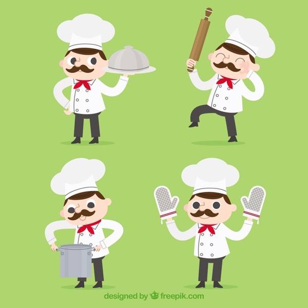 四位不同行为的厨师人物插图