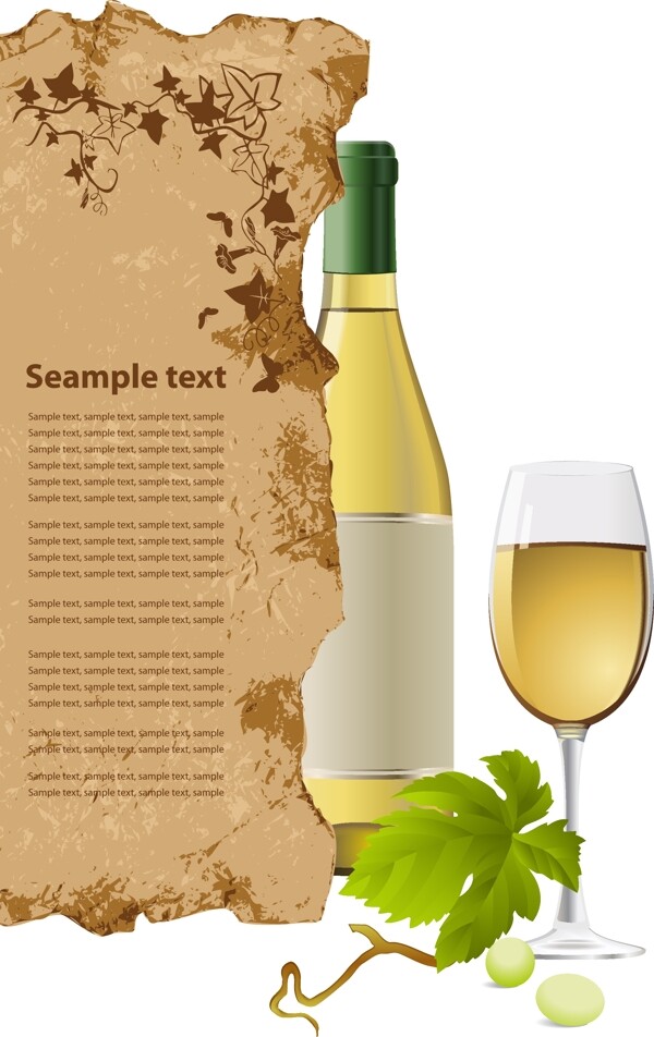 白葡萄酒的酒瓶和杯子的向量