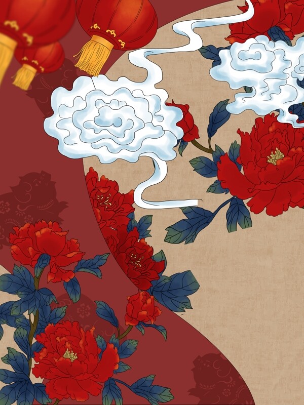 红色大气猪年花朵图案背景