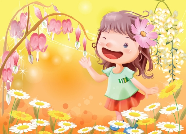 卡通女孩花卉插画图片