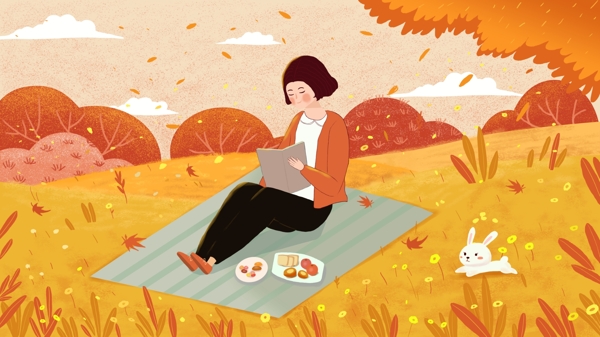女孩与书户外出游秋天风景手绘插画