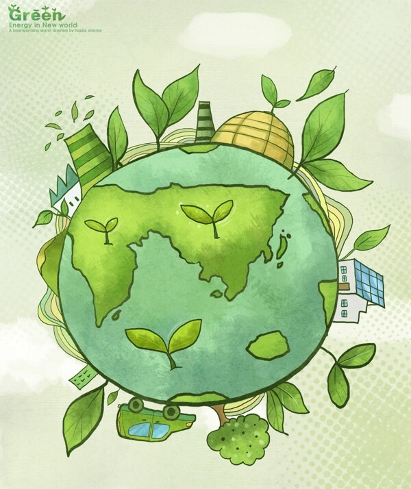 绿色地球上的绿色嫩芽插画