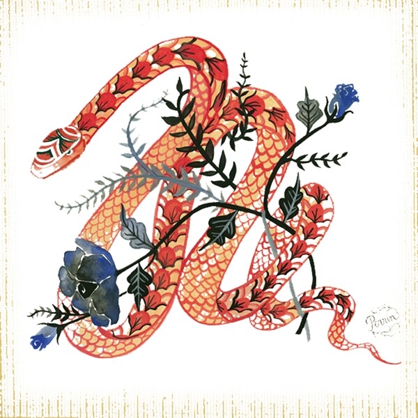 手绘水彩花朵蛇纹元素