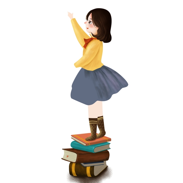卡通站在一摞书上的女孩