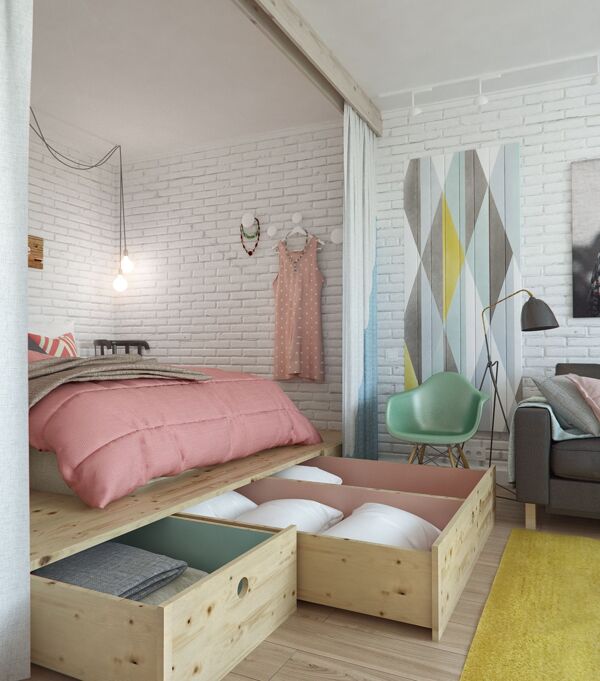 简约温馨卧室白色瓷砖背景墙室内装修效果图