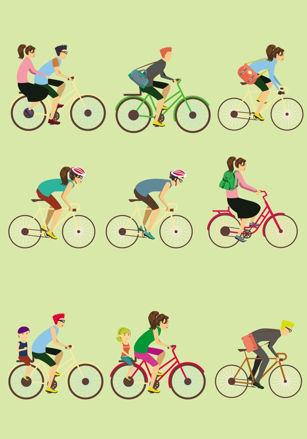 自行车和骑自行车的矢量插图在彩色平面自由