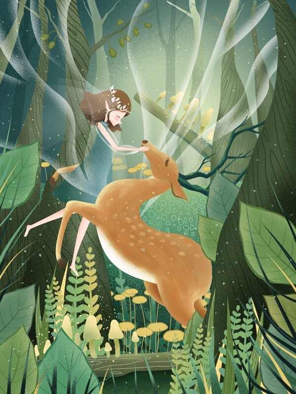 原创手绘插画林深时见鹿女孩与鹿