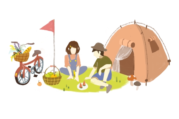 卡通可爱扁平手绘快乐春游男女帐篷草地野餐休息交谈