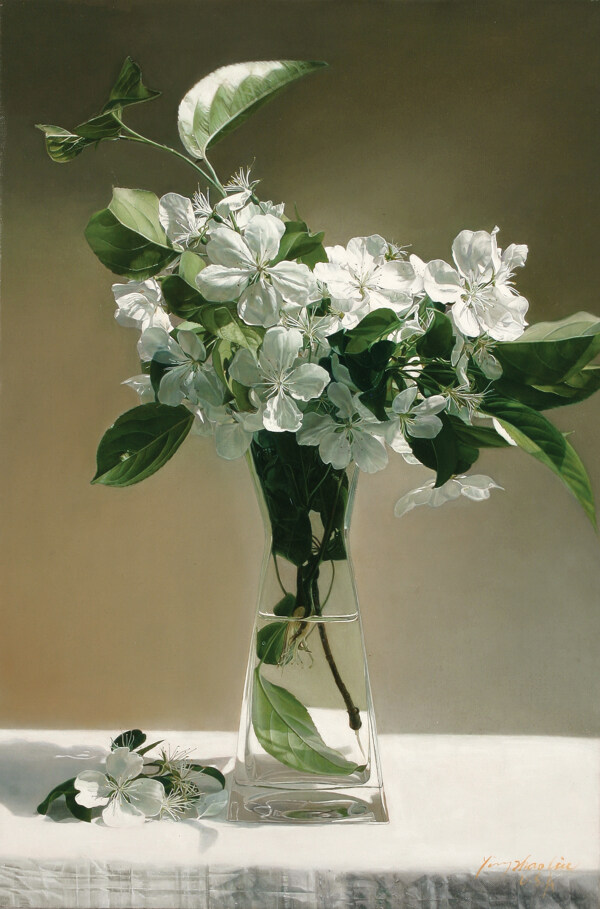 玻璃花瓶花朵静物油画图片
