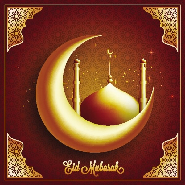 带有图案设计背景的清真寺的3D新月美丽的节日贺卡EidMubarak庆典