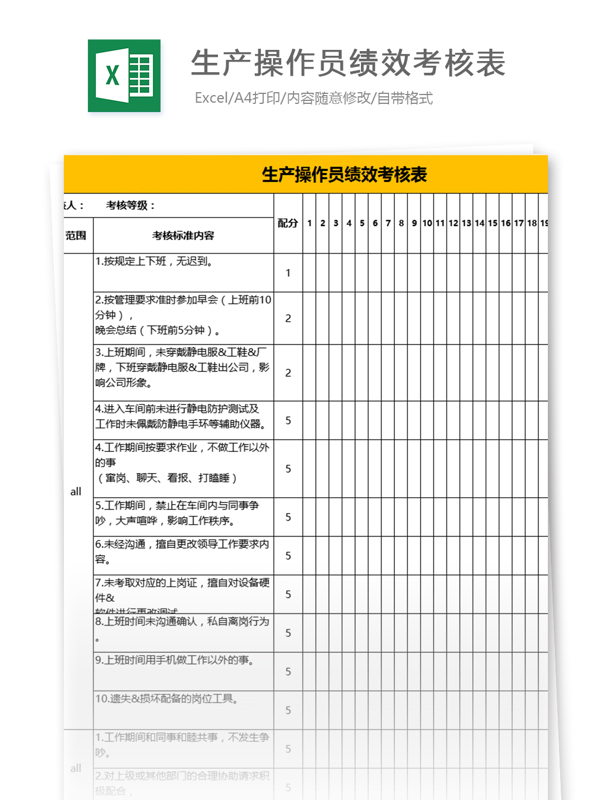 生产操作员绩效考核表excel模板