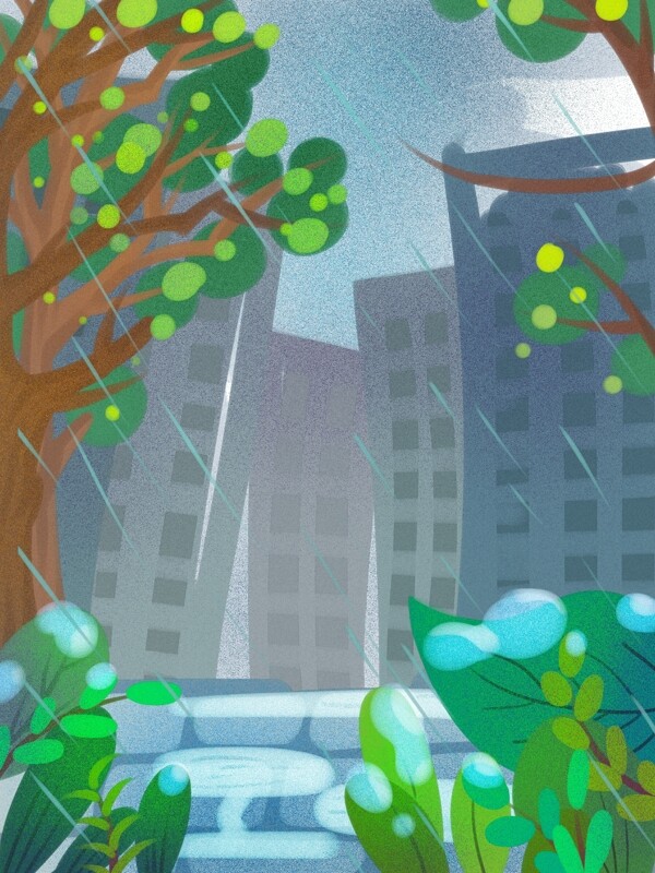 卡通绿色城市风景插画背景