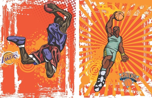 怀旧背景篮球人物插画矢量素材