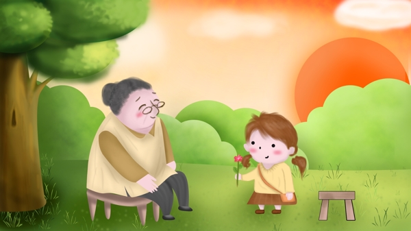原创手绘插画关爱老人奶奶和小女孩在草地上