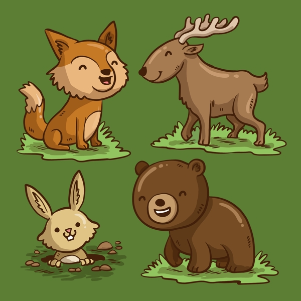 4款卡通笑脸森林动物矢量图