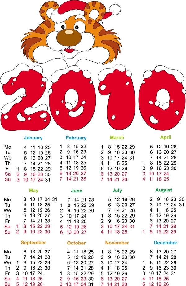 2010日历和可爱的老虎矢量