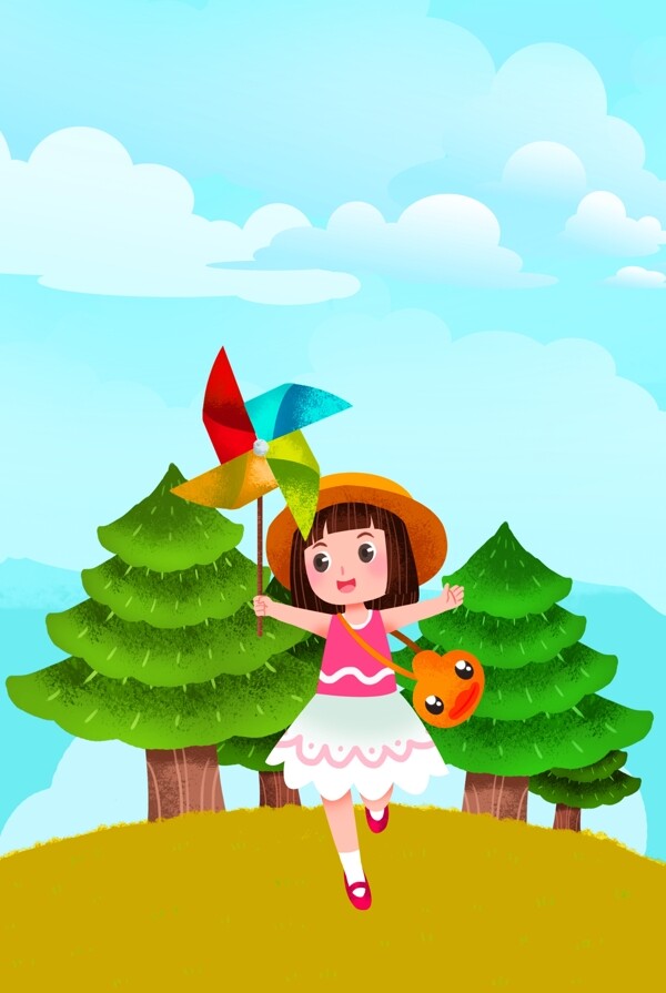 卡通清新春分女孩拿着风车海报背景