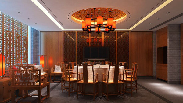 新中式风格餐饮商业空间大厅效果图设计图片