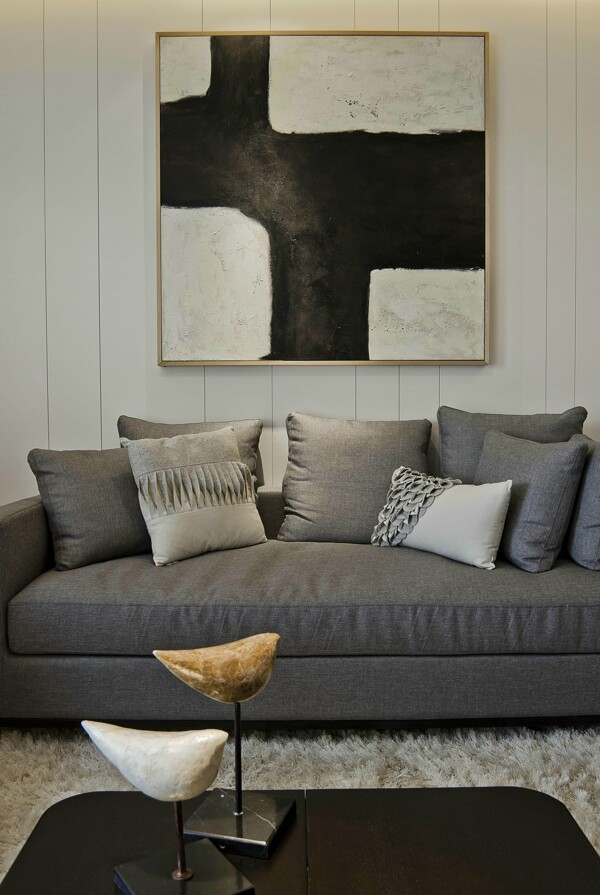 现代简约客厅抽象黑白挂画效果图