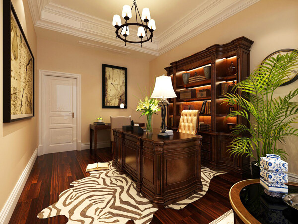 中式典雅条纹异形地毯书房室内装修效果图