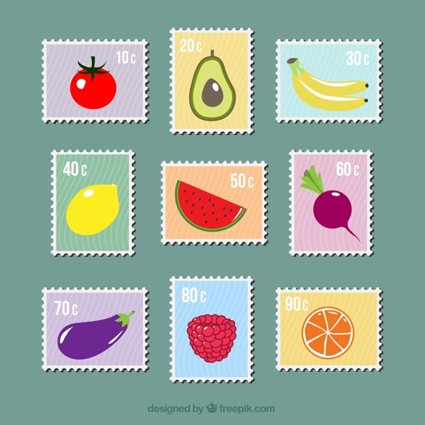 9款创意蔬菜水果邮票矢量素材