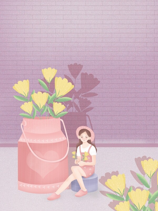 坐着插花的女孩背景素材