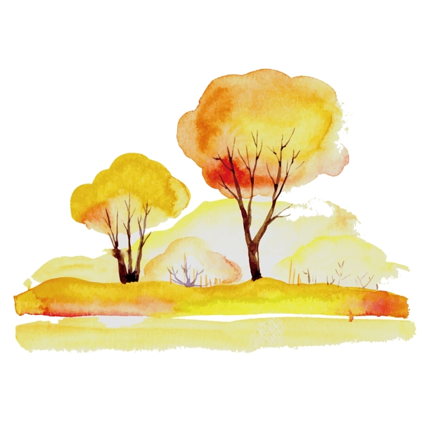 手绘水彩画黄色树林元素