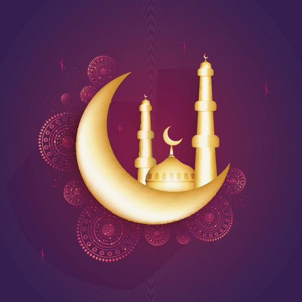 紫色的背景金色的清真寺和月亮