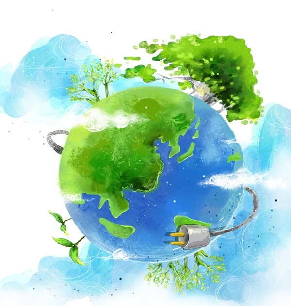 手绘卡通绿色地球节能环保素材图片