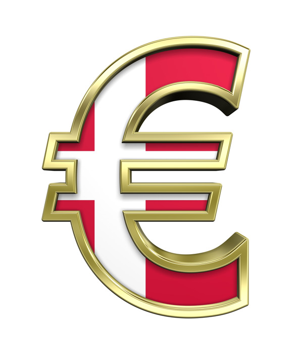 黄金的欧元符号与丹麦国旗白色隔离