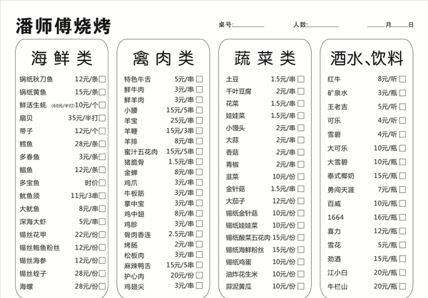 潘师傅烧烤点菜单