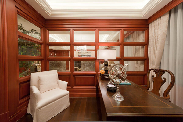 大气红棕色中式书房装修效果图