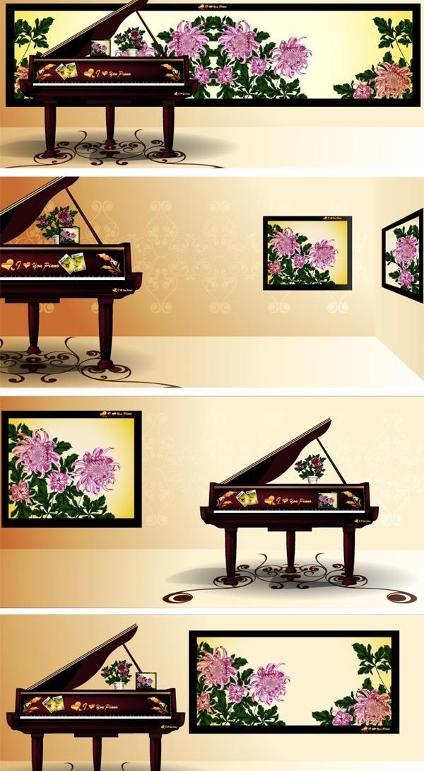 优雅的钢琴和中国画的背景矢量素材
