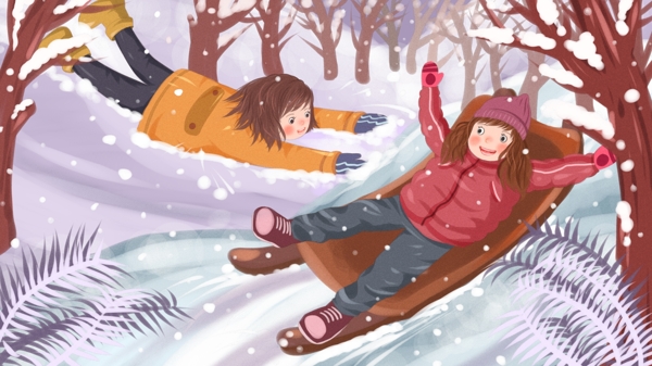 冬天你好雪地里玩雪的小女孩扁平插画