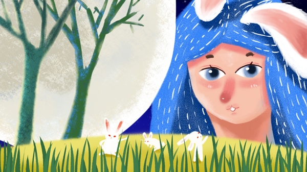 中秋节落入凡间的小兔少女和兔子插画