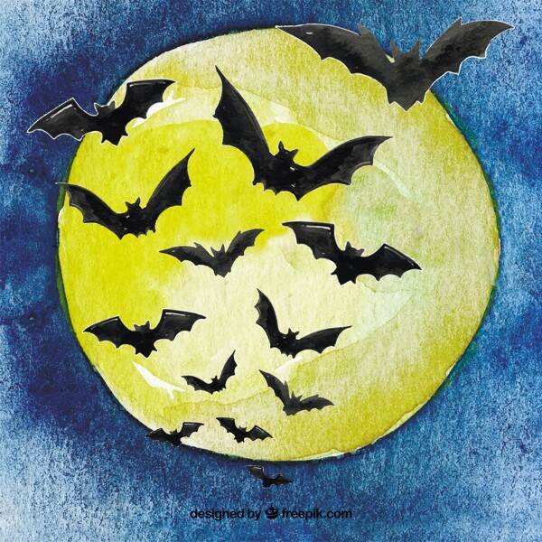 水彩月亮和蝙蝠