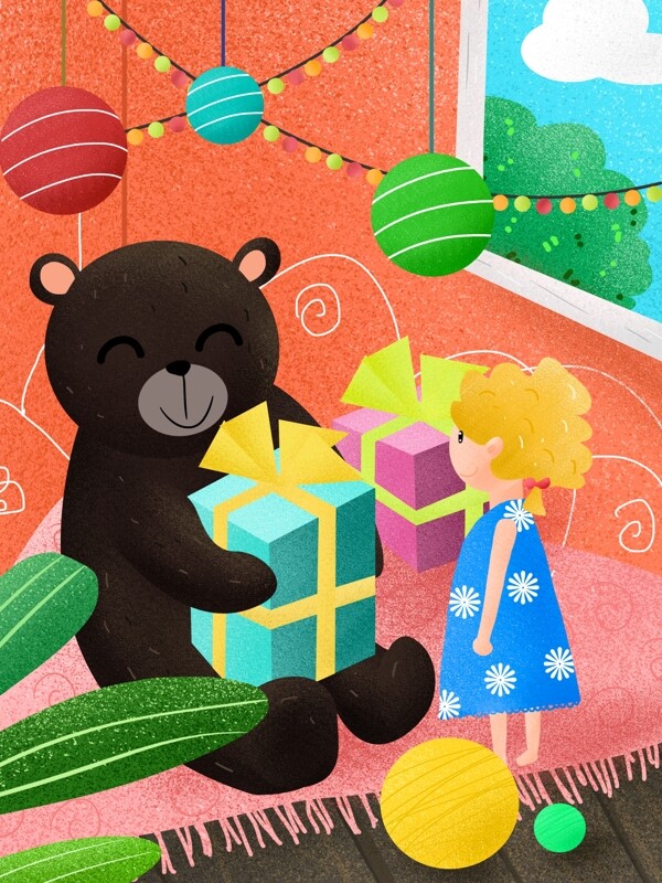 国际儿童节小熊送女孩礼物