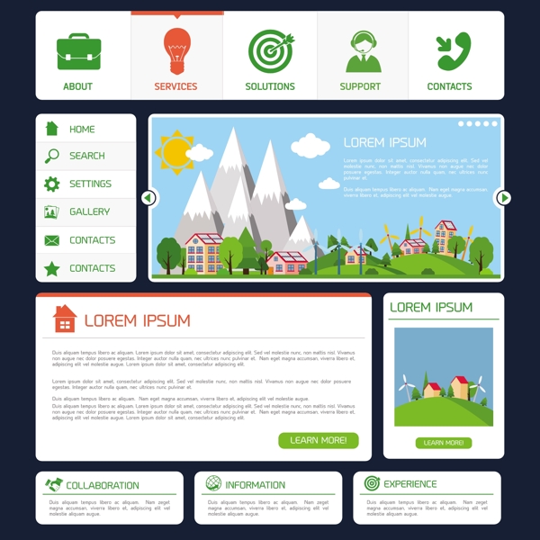 生态绿色能源网站设计模板导航按钮矢量插图